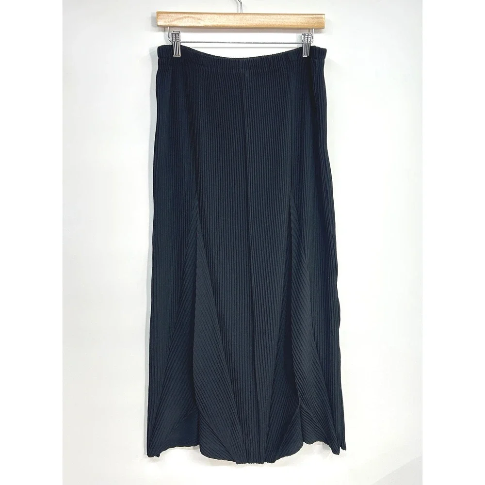 Babette Pleated Pull On Maxi Skirt Large Black Elastic Waist Lagenlook Artsy